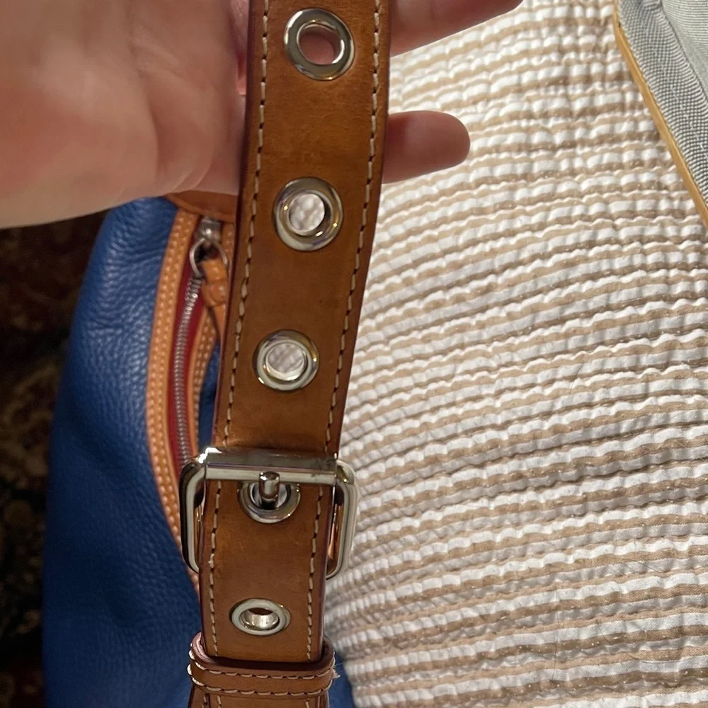 Dooney & Bourke Navy and Tan Hobo Bag Pebbled Quality Leather with tassels